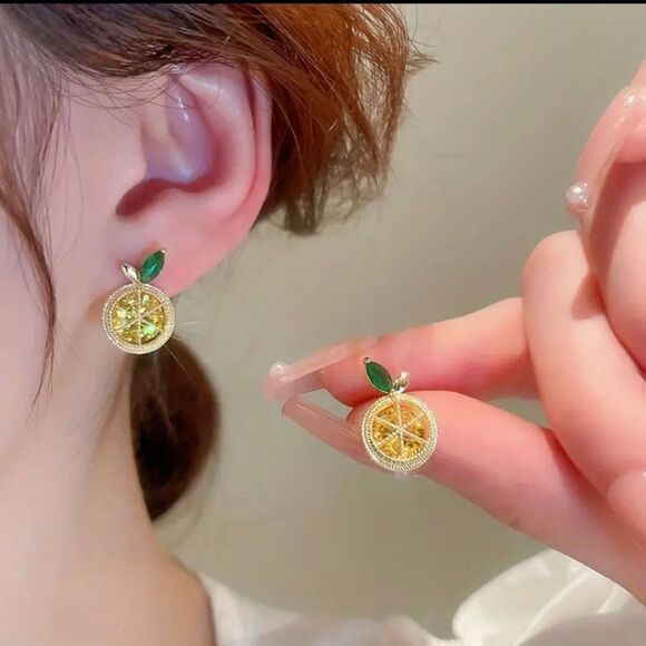 Yellow & Green Lemon Stud Earrings - Picture 2 of 4